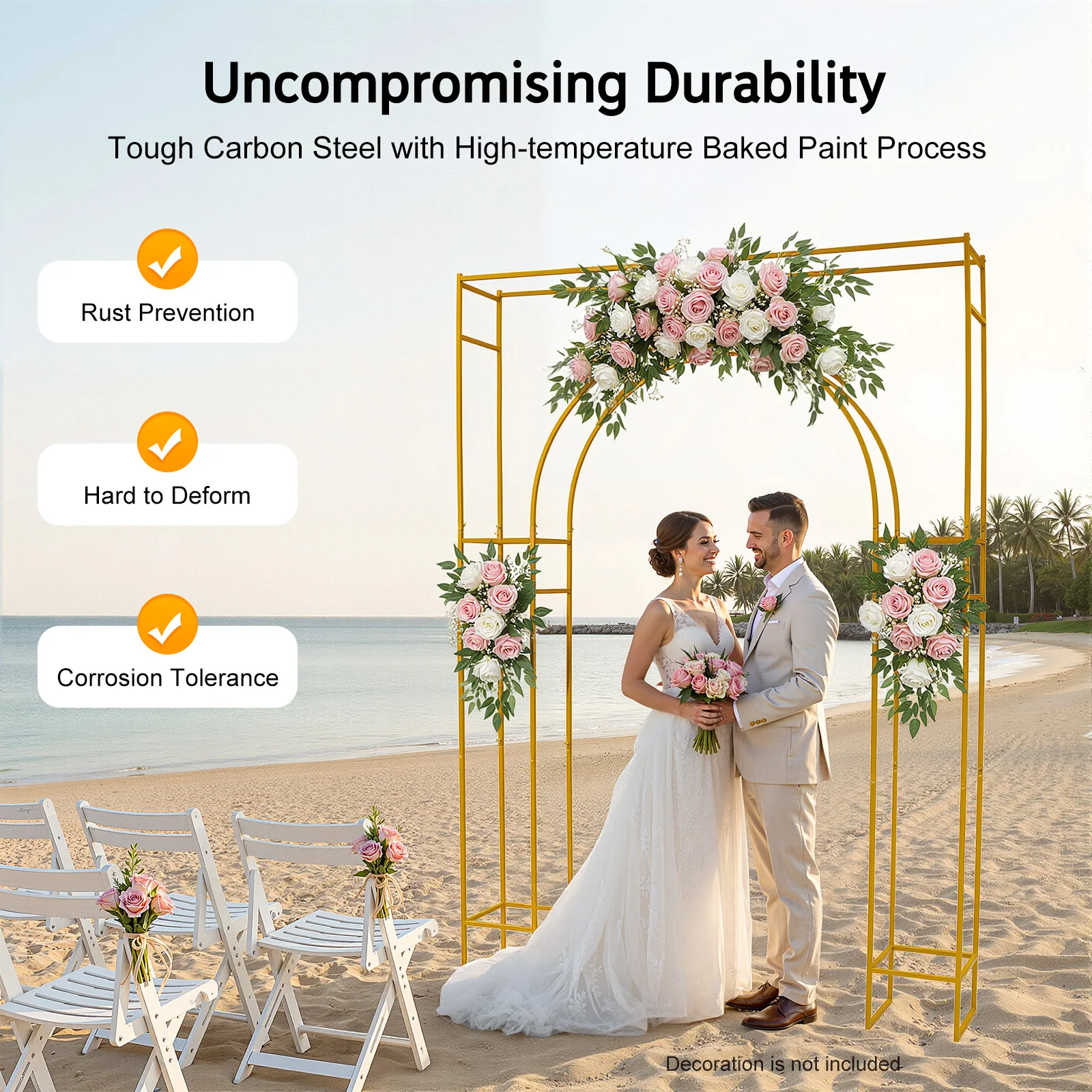 Gold Metal Wedding Arch Backdrop Stand Carbon Steel 44.09lbs Load Square‑Outer Inner‑Arch Frame for Ceremony Birthday Baby Shower