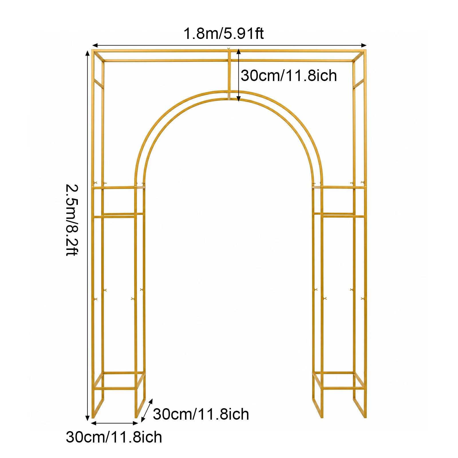Gold Metal Wedding Arch Backdrop Stand Carbon Steel 44.09lbs Load Square‑Outer Inner‑Arch Frame for Ceremony Birthday Baby Shower