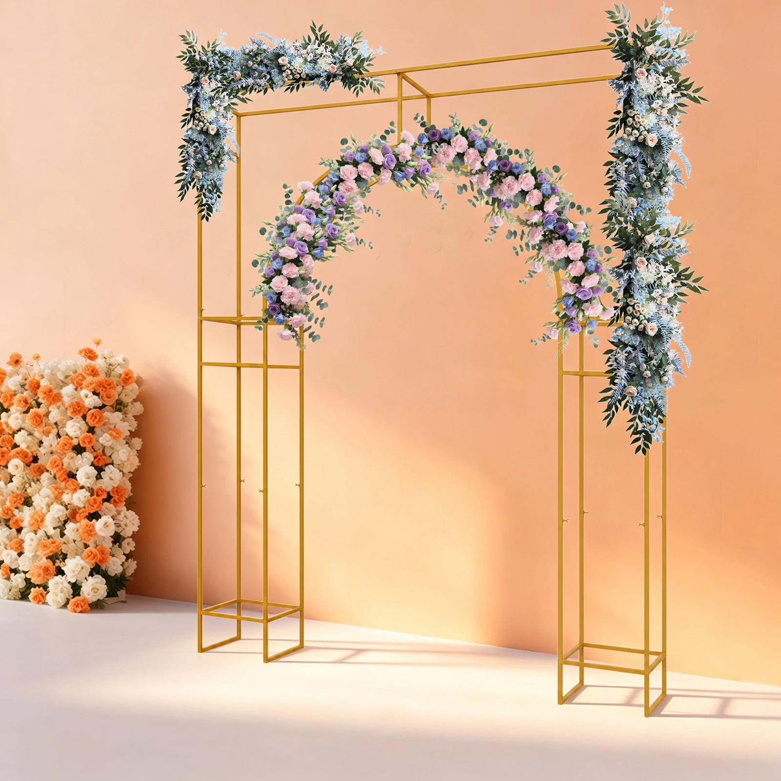 Gold Metal Wedding Arch Backdrop Stand Carbon Steel 44.09lbs Load Square‑Outer Inner‑Arch Frame for Ceremony Birthday Baby Shower