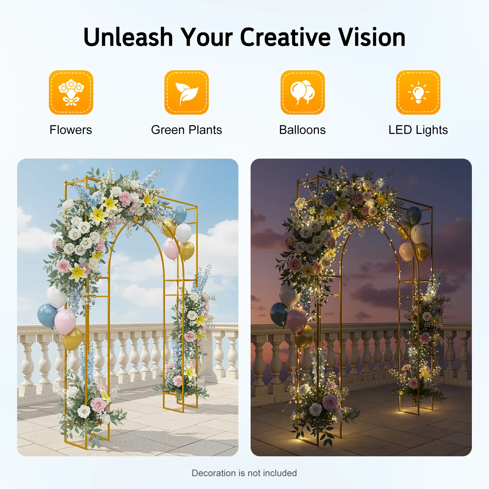 Gold Metal Wedding Arch Backdrop Stand Carbon Steel 44.09lbs Load Square‑Outer Inner‑Arch Frame for Ceremony Birthday Baby Shower