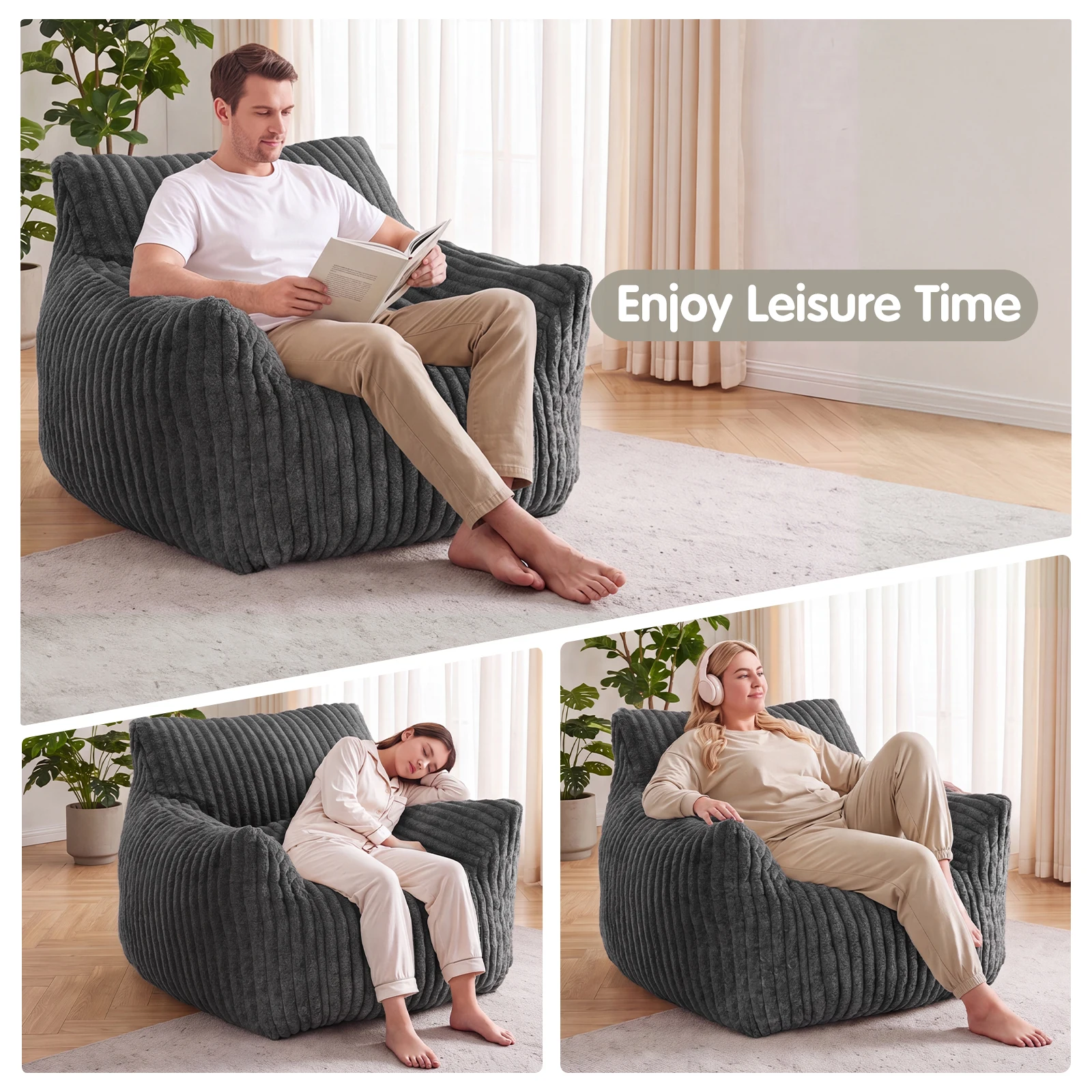MCQ Living Room Bean Bag Sofa with Memory Foam Filling Corduroy Plush for Adults Recliners Home Theater Seating Reclining Sofa Chair for Living Room