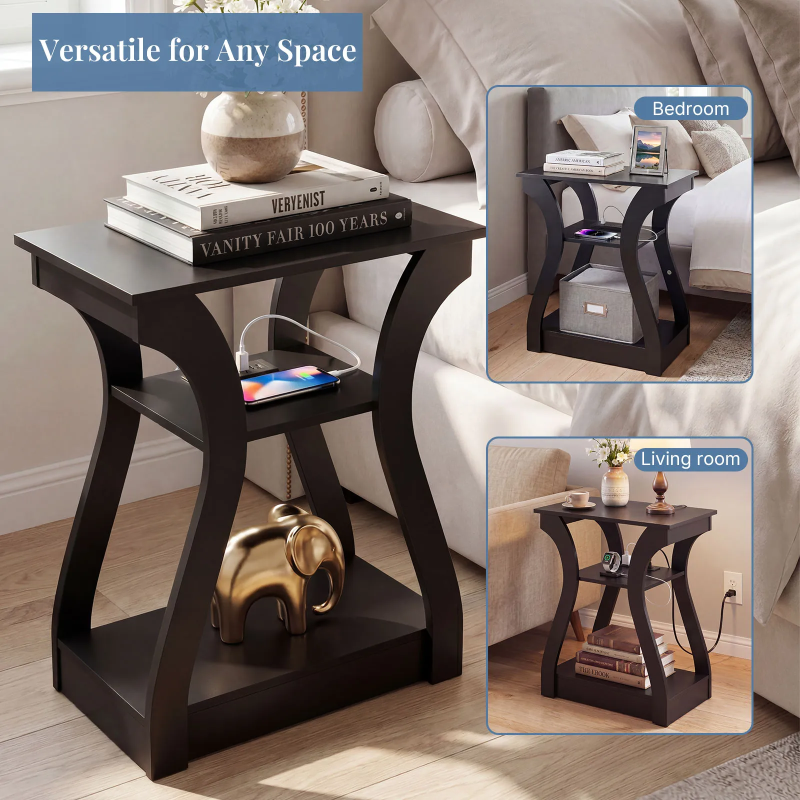 MCQ 2 Pack Living Room Cabinet with Charging Station 3-Tier Side Table Storage Display Nightstand Bedside Coffee Sofa Tea Table Cabinets For Furniture