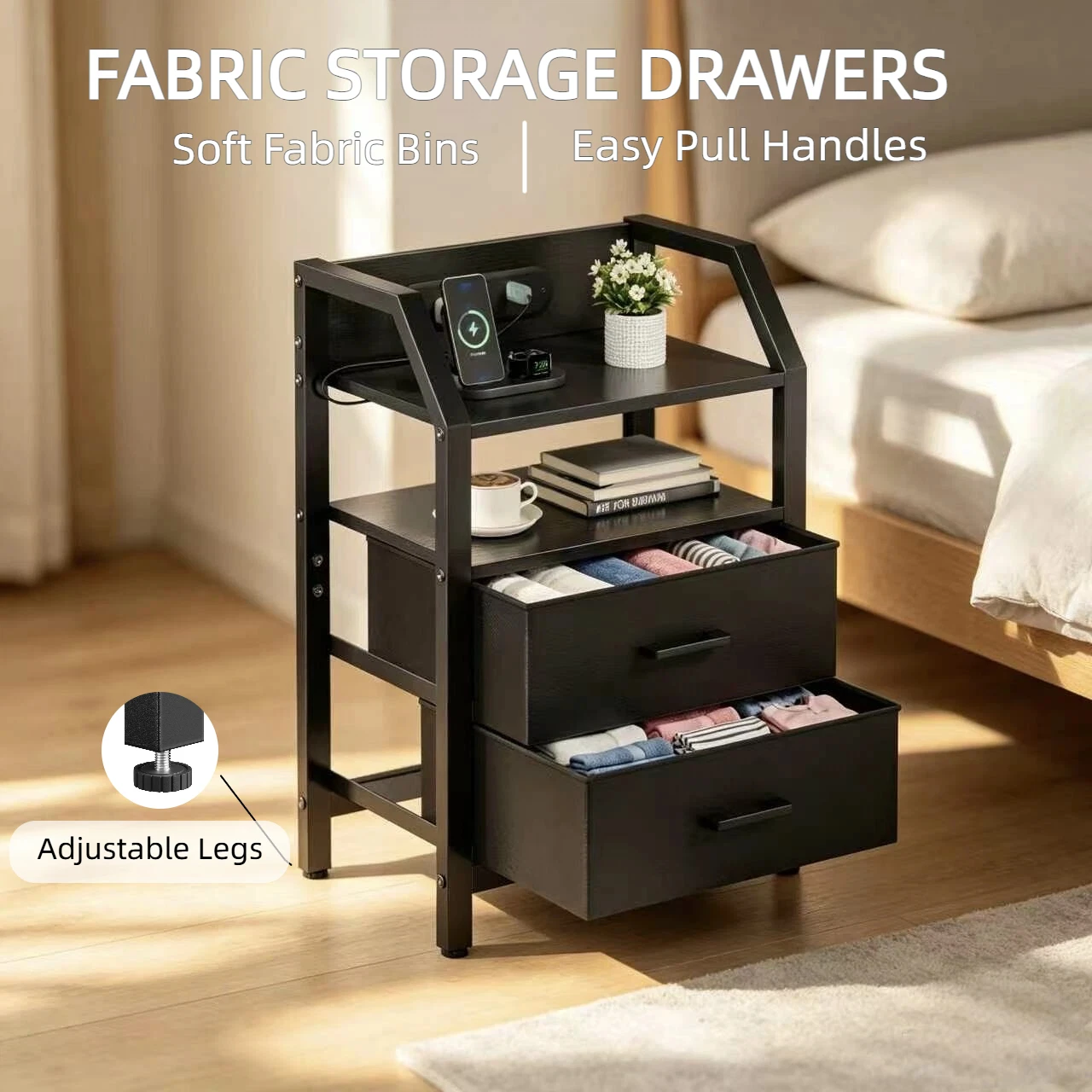 FRODROVIA Nightstand with Charging Station and LED Light, Side Table with 2Fabric Drawers & Open Storage Shelves, Adjustable Leveling Feet,End Table with USB Ports & Outlet for Living Room