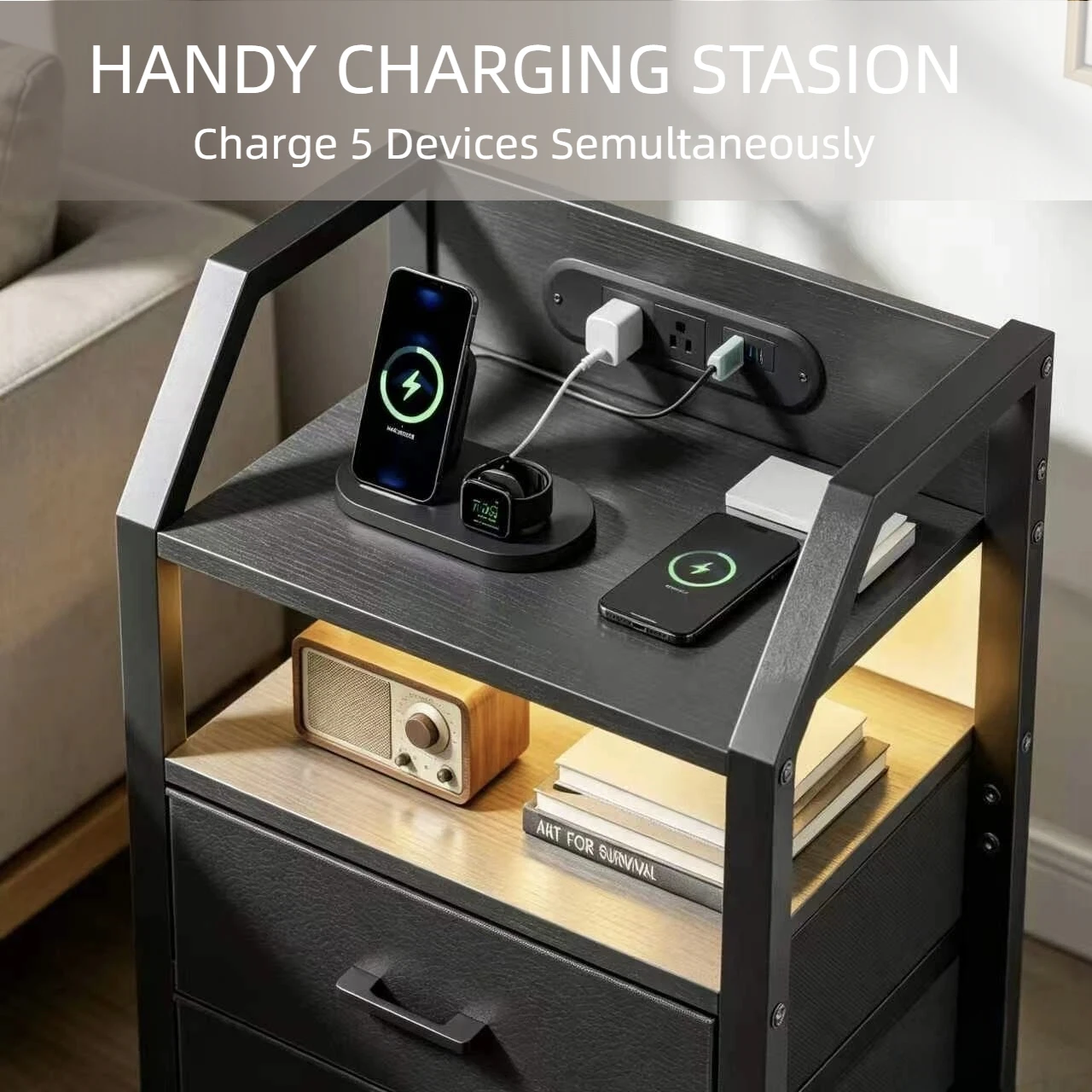 FRODROVIA Nightstand with Charging Station and LED Light, Side Table with 2Fabric Drawers & Open Storage Shelves, Adjustable Leveling Feet,End Table with USB Ports & Outlet for Living Room