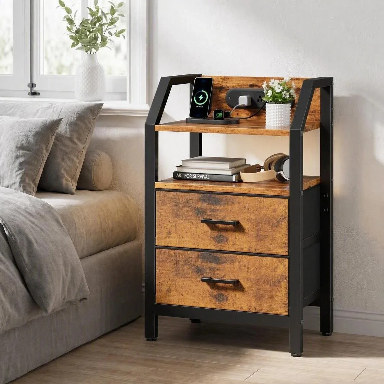 FRODROVIA Nightstand with Charging Station and LED Light, Side Table with 2Fabric Drawers & Open Storage Shelves, Adjustable Leveling Feet,End Table with USB Ports & Outlet for Living Room
