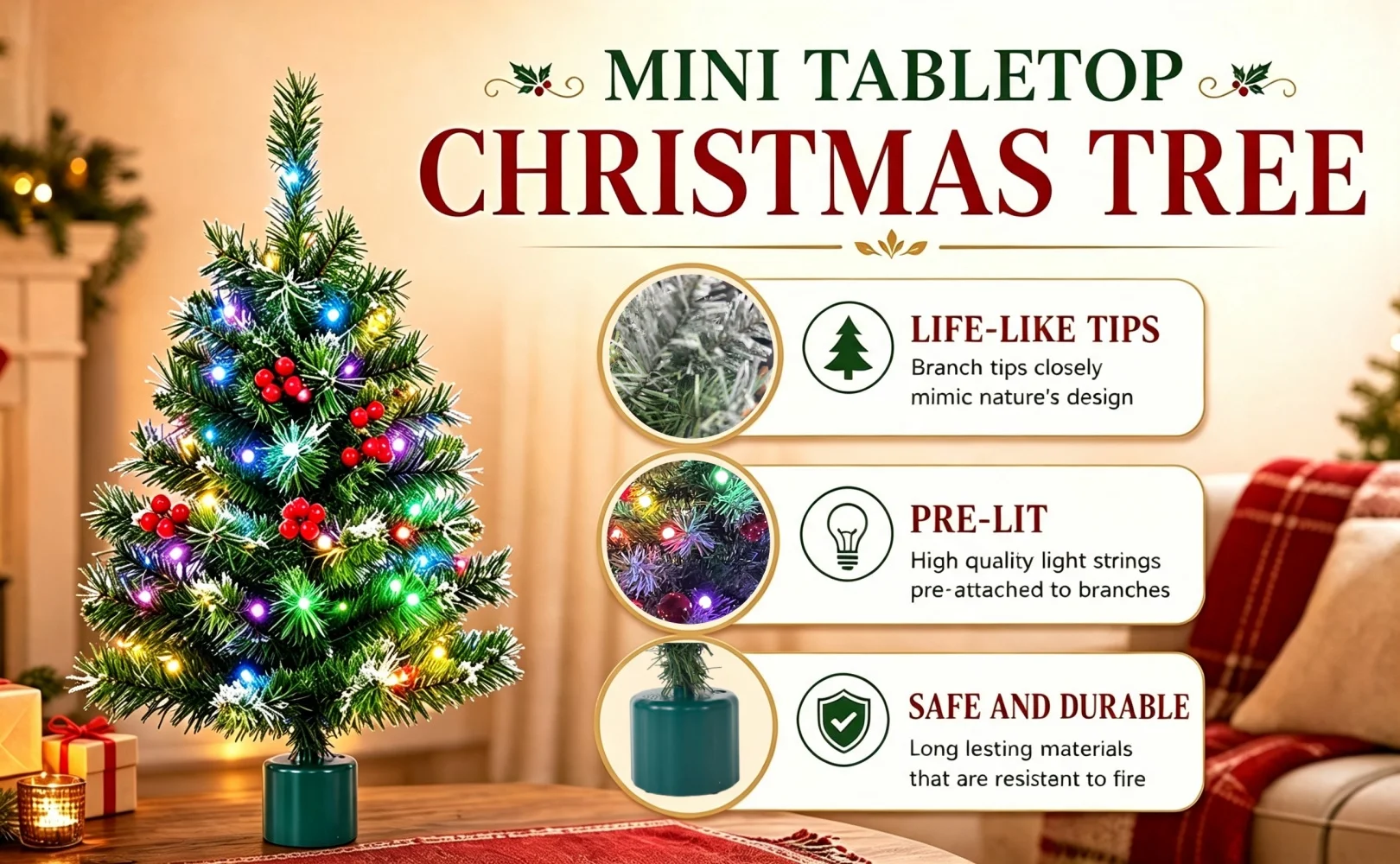 Bhony 360° Rotating Musical Christmas Tree With 35 Colorful LED Lights - 2FT Desktop Christmas Tree, USB/Battery Powered, With A Rotatable Base, Suitable For Home, Store, Classroom, Office, Party Decoration