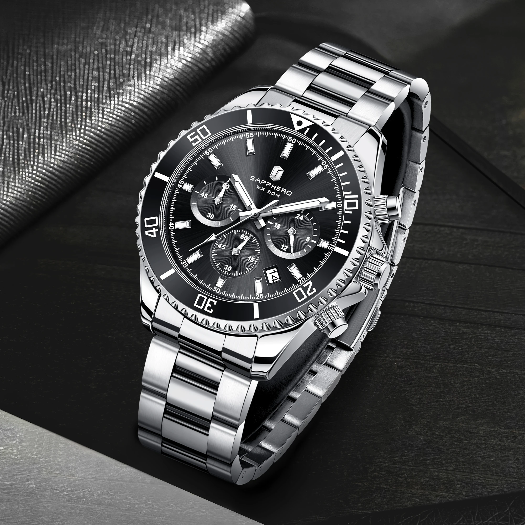 SAPPHERO Men's Luxury Quartz Chronograph Watch Stainless Steel Case 50M Waterproof Luminous Hands Date Display Sport Business Wristwatch Elegant Fashion Timepiece Premium Gift for Men