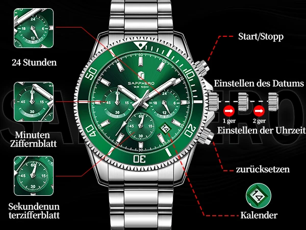 SAPPHERO Men's Luxury Quartz Chronograph Watch Stainless Steel Case 50M Waterproof Luminous Hands Date Display Sport Business Wristwatch Elegant Fashion Timepiece Premium Gift for Men