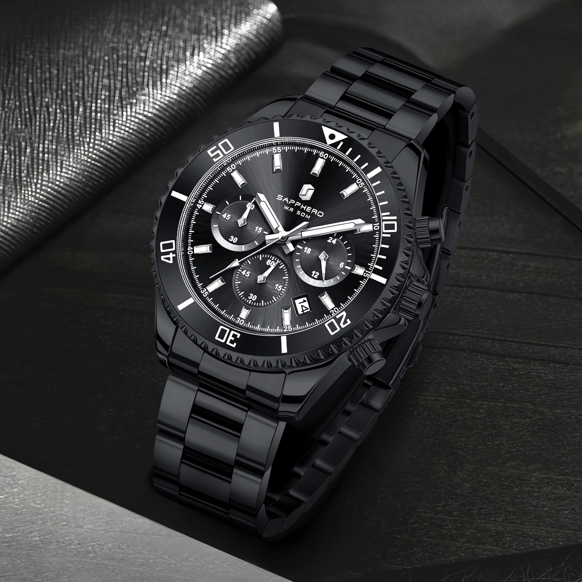 SAPPHERO Men's Luxury Quartz Chronograph Watch Stainless Steel Case 50M Waterproof Luminous Hands Date Display Sport Business Wristwatch Elegant Fashion Timepiece Premium Gift for Men