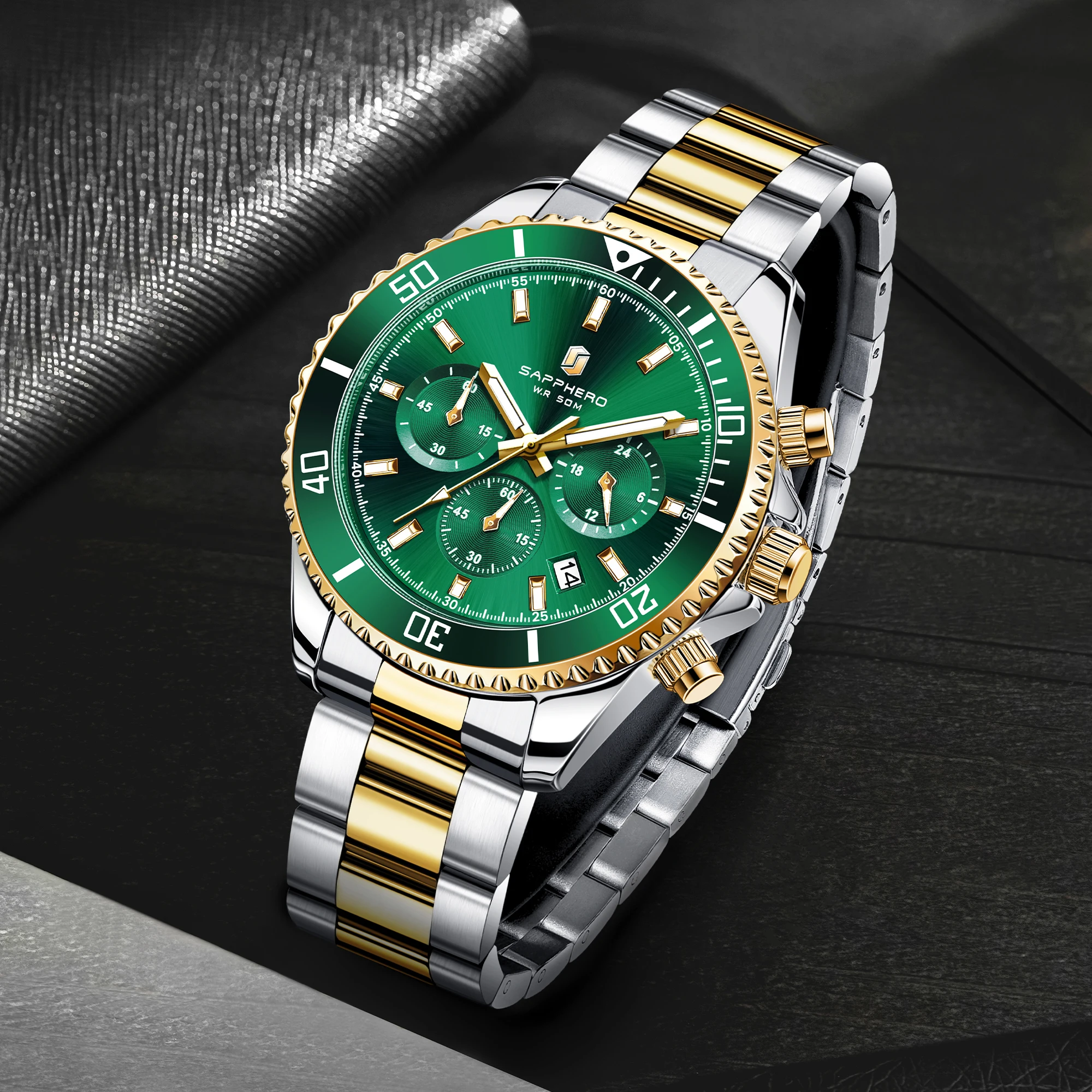 SAPPHERO Men's Luxury Quartz Chronograph Watch Stainless Steel Case 50M Waterproof Luminous Hands Date Display Sport Business Wristwatch Elegant Fashion Timepiece Premium Gift for Men