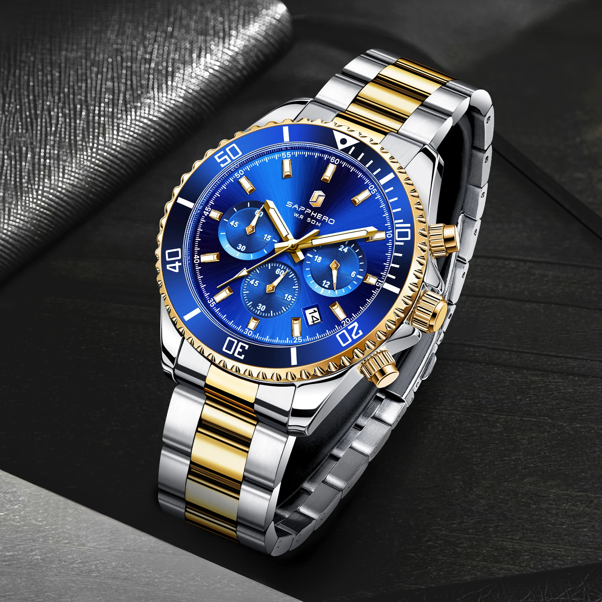 SAPPHERO Men's Luxury Quartz Chronograph Watch Stainless Steel Case 50M Waterproof Luminous Hands Date Display Sport Business Wristwatch Elegant Fashion Timepiece Premium Gift for Men