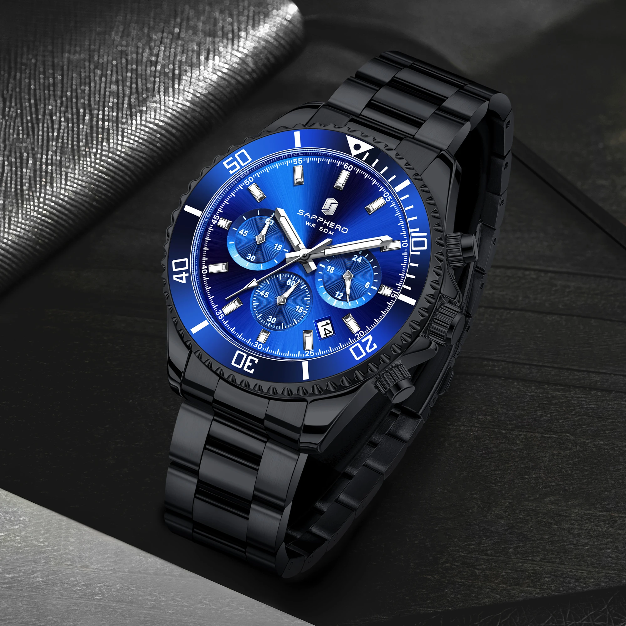SAPPHERO Men's Luxury Quartz Chronograph Watch Stainless Steel Case 50M Waterproof Luminous Hands Date Display Sport Business Wristwatch Elegant Fashion Timepiece Premium Gift for Men