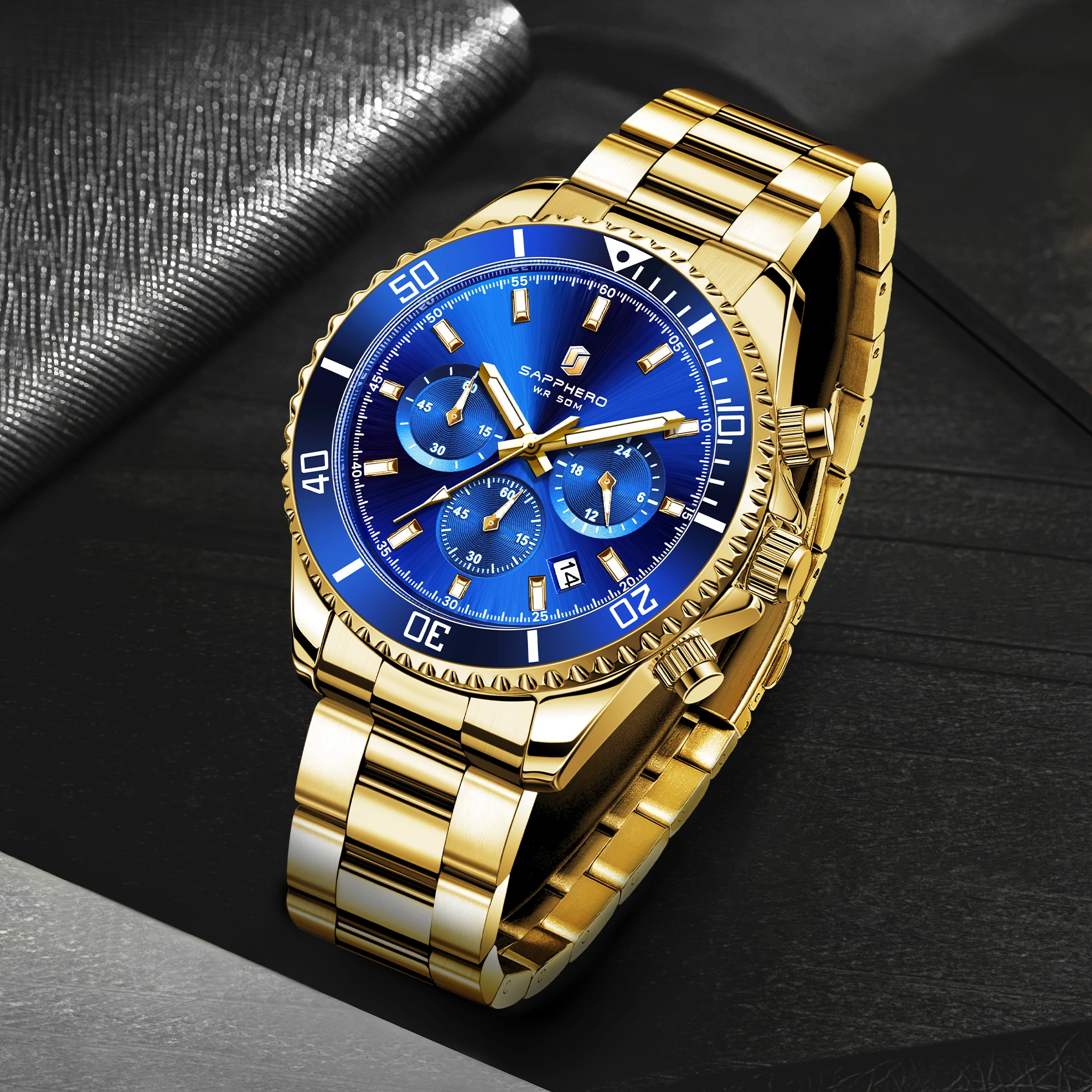 SAPPHERO Men's Luxury Quartz Chronograph Watch Stainless Steel Case 50M Waterproof Luminous Hands Date Display Sport Business Wristwatch Elegant Fashion Timepiece Premium Gift for Men