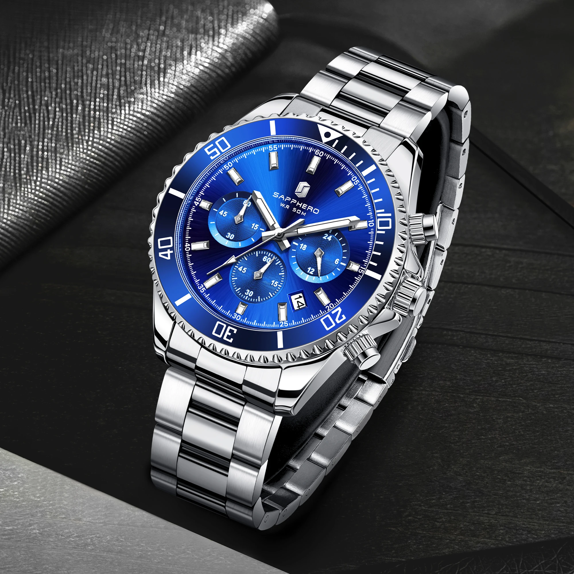 SAPPHERO Men's Luxury Quartz Chronograph Watch Stainless Steel Case 50M Waterproof Luminous Hands Date Display Sport Business Wristwatch Elegant Fashion Timepiece Premium Gift for Men