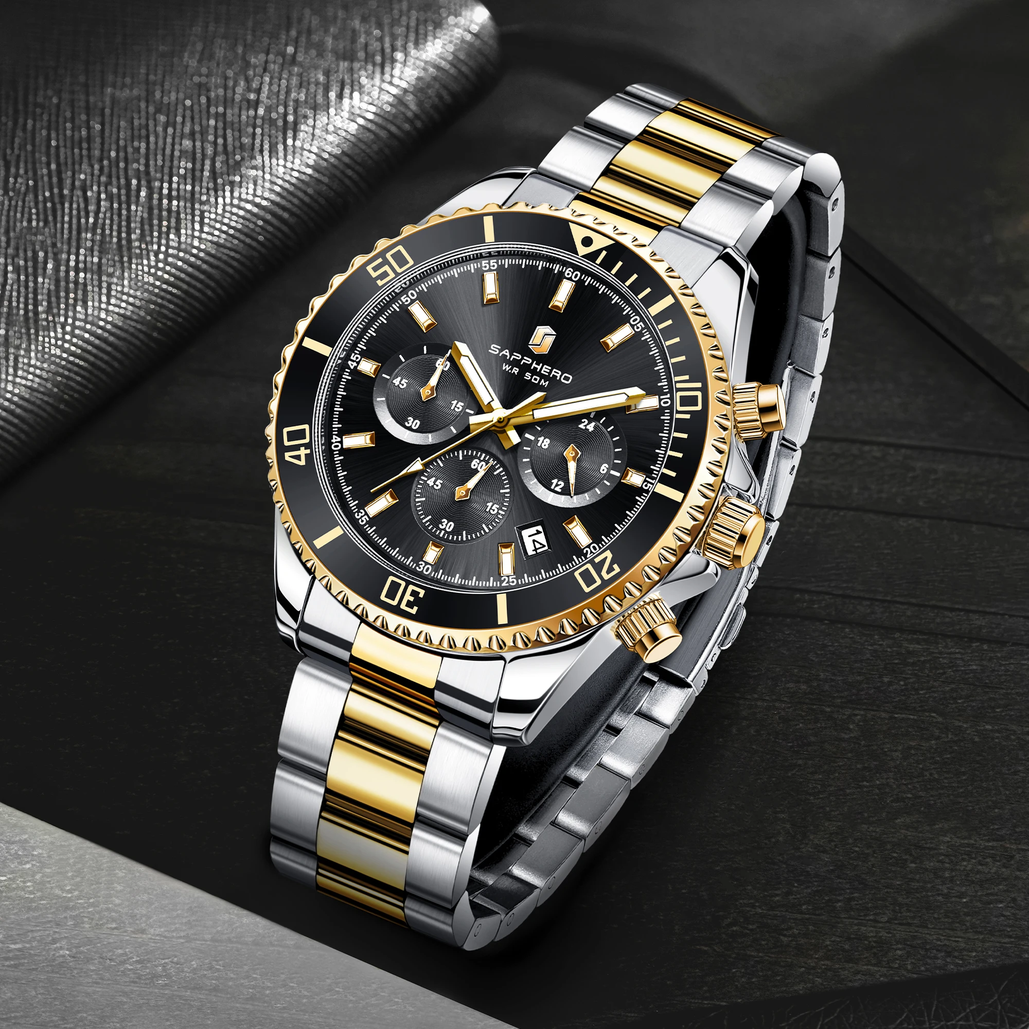 SAPPHERO Men's Luxury Quartz Chronograph Watch Stainless Steel Case 50M Waterproof Luminous Hands Date Display Sport Business Wristwatch Elegant Fashion Timepiece Premium Gift for Men