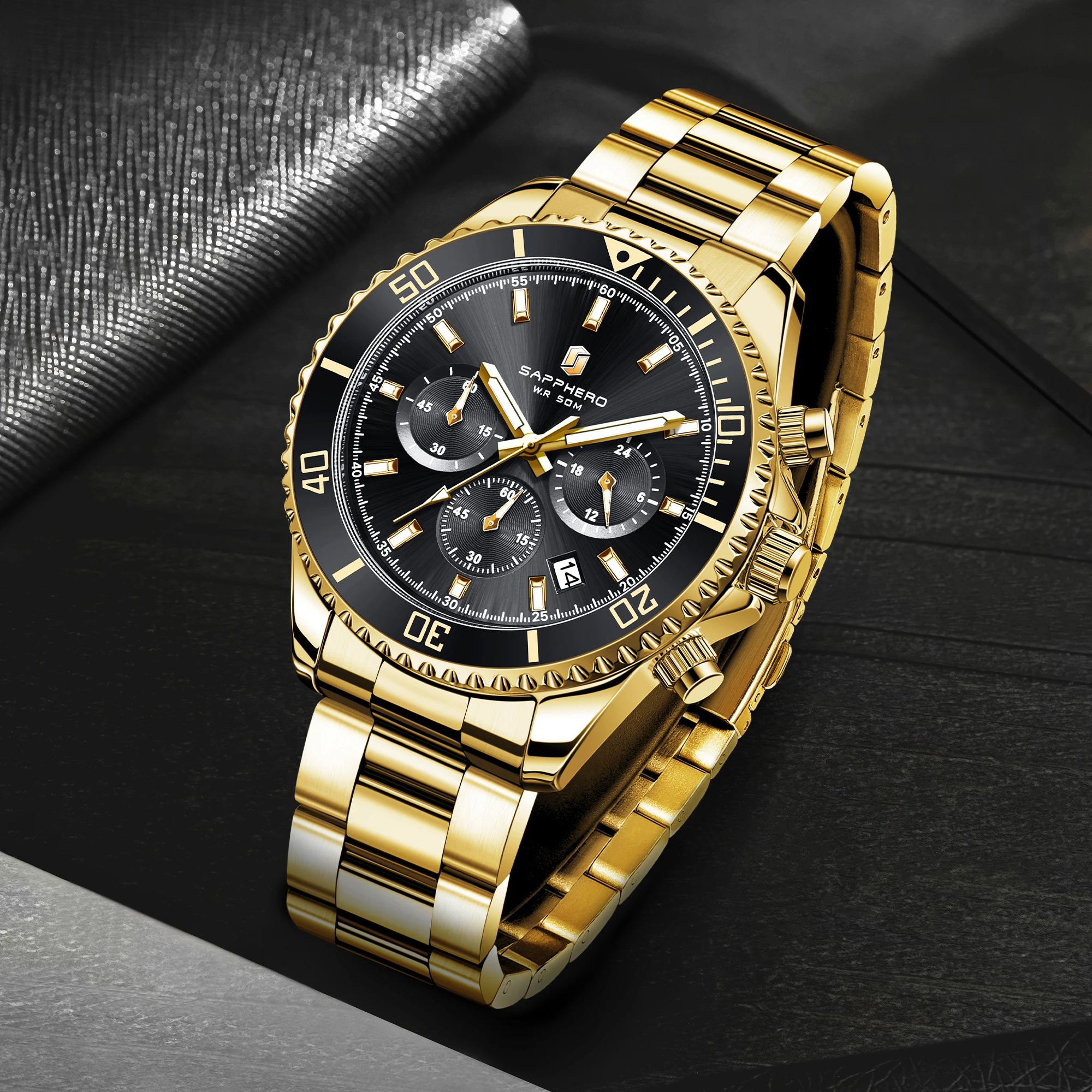 SAPPHERO Men's Luxury Quartz Chronograph Watch Stainless Steel Case 50M Waterproof Luminous Hands Date Display Sport Business Wristwatch Elegant Fashion Timepiece Premium Gift for Men