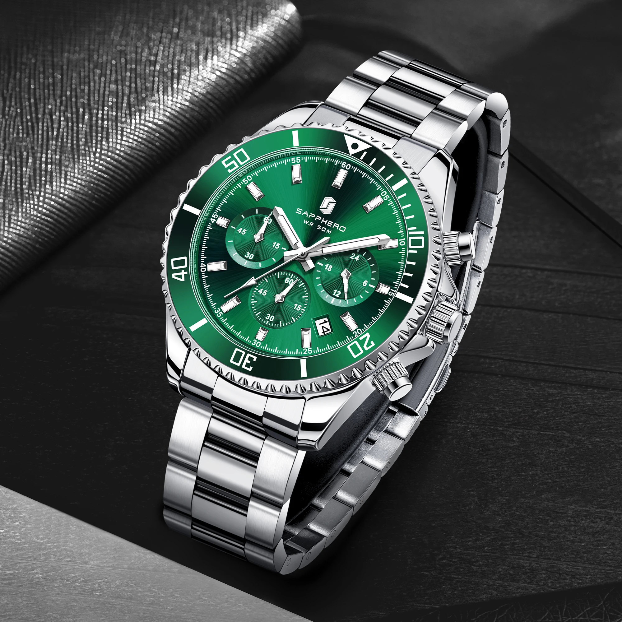 SAPPHERO Men's Luxury Quartz Chronograph Watch Stainless Steel Case 50M Waterproof Luminous Hands Date Display Sport Business Wristwatch Elegant Fashion Timepiece Premium Gift for Men