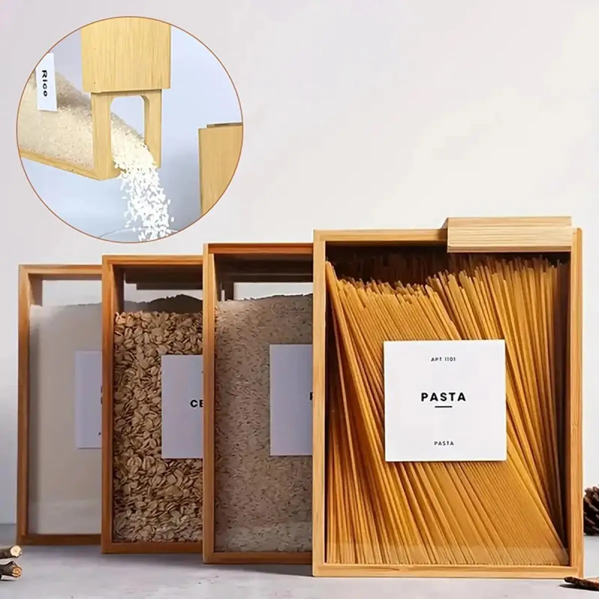 Food Dispenser Kitchen Organizer Bamboo Wood Sealed Pantry Storage Container for Pasta Cereals Rice Flour with Clear Acrylic Lid Transparent Sliding Lid Easy Organization