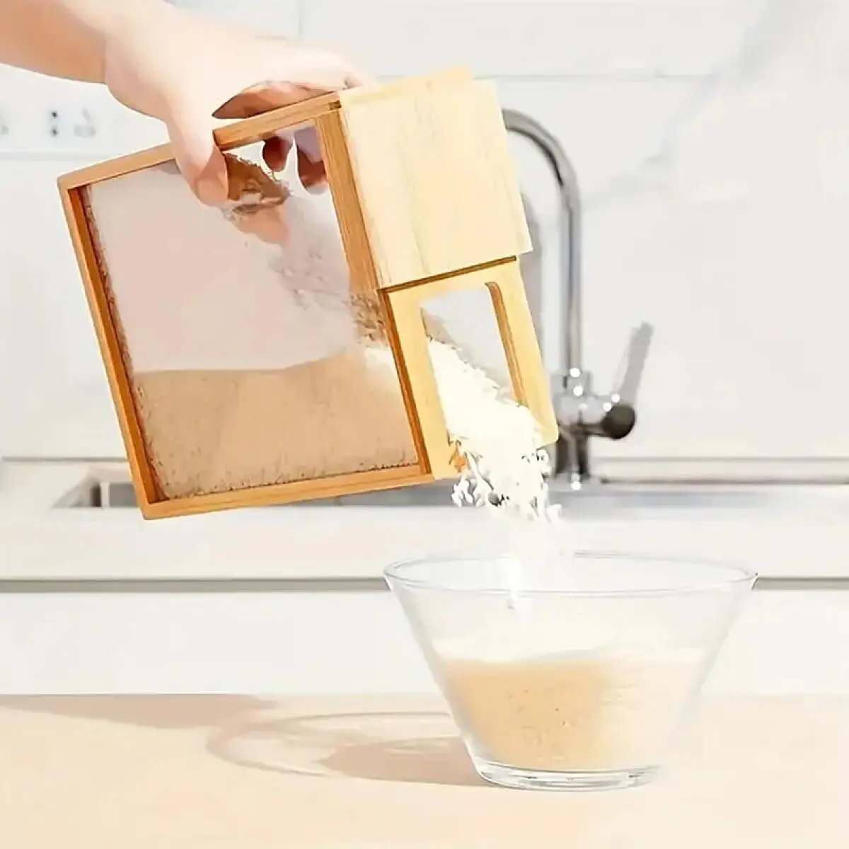Food Dispenser Kitchen Organizer Bamboo Wood Sealed Pantry Storage Container for Pasta Cereals Rice Flour with Clear Acrylic Lid Transparent Sliding Lid Easy Organization