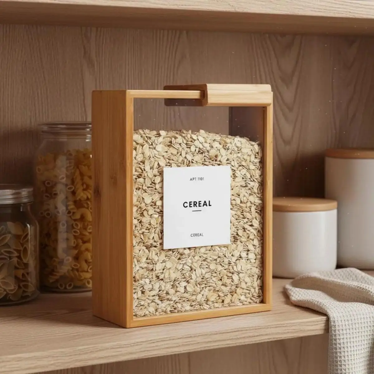 Food Dispenser Kitchen Organizer Bamboo Wood Sealed Pantry Storage Container for Pasta Cereals Rice Flour with Clear Acrylic Lid Transparent Sliding Lid Easy Organization