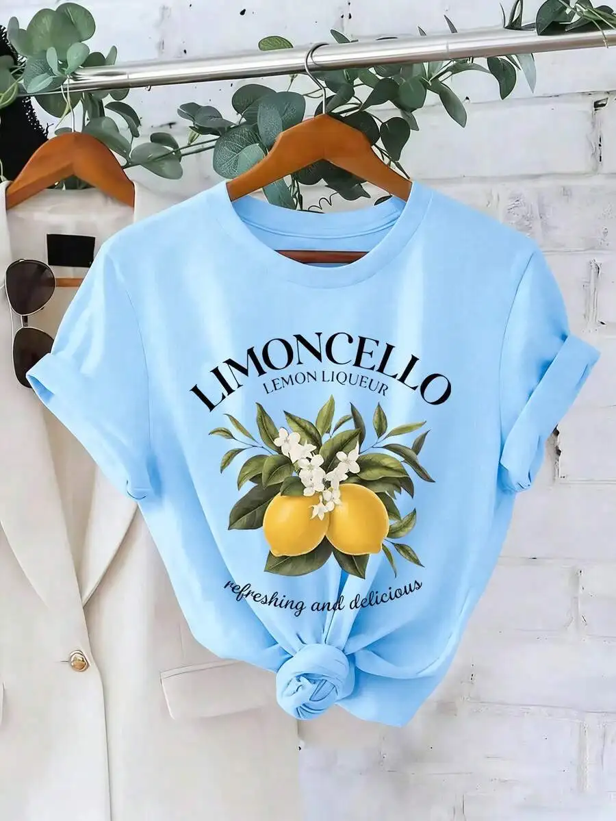 Lemon Letter Print Short Sleeve Crew Neck T‑Shirt, Soft Breathable Micro‑Elastic Casual Top For Spring Summer Vacation And Daily Wear