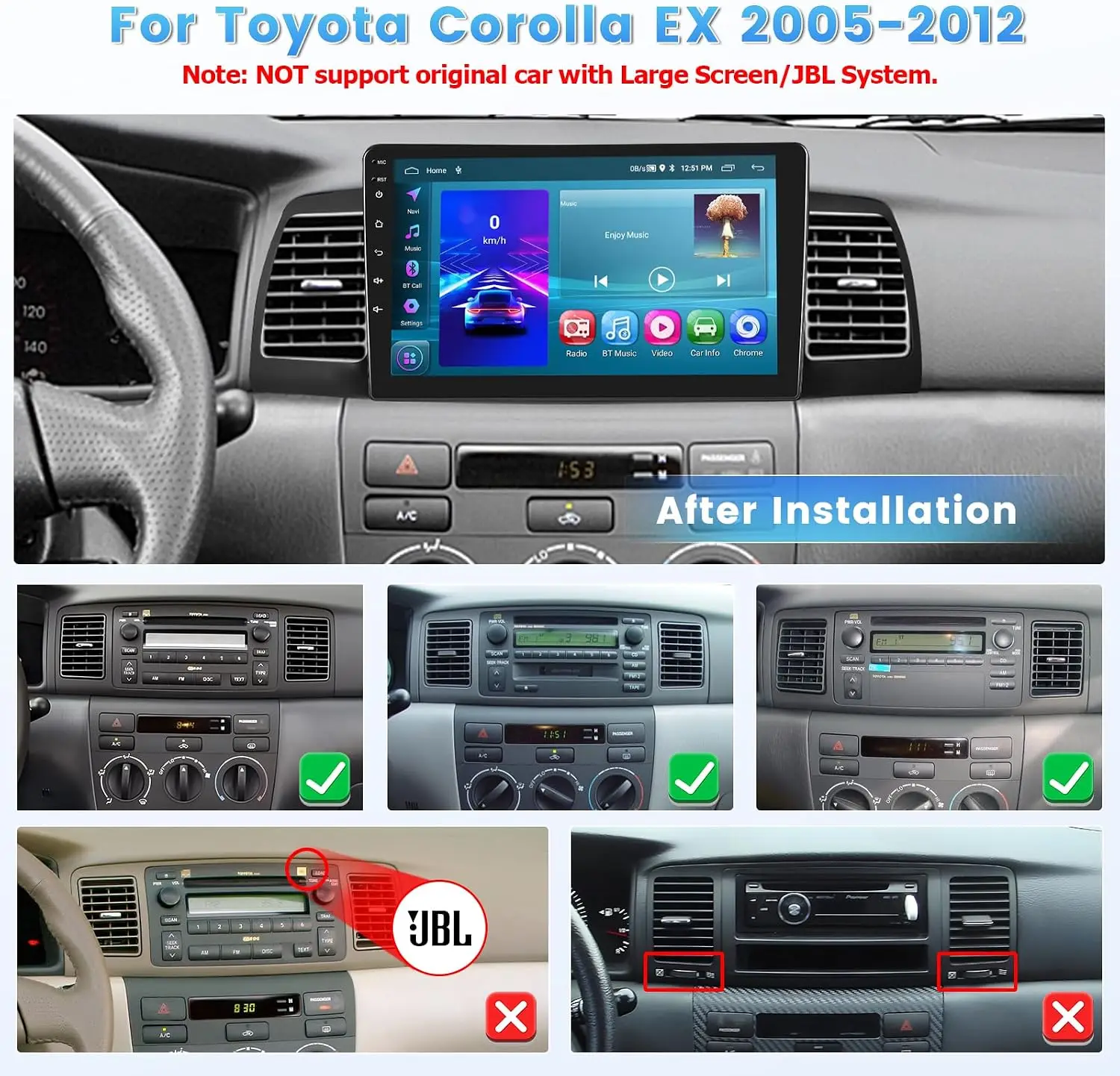 New 9 Inch Android 15 Double Din Car Stereo 2GB+64GB Touch Screen Car Radio Multimedia Video Player for Toyota Corolla EX 2005‑2012 Wireless Carplay & Android Auto GPS Navigation Support FM RDS DSP SWC WiFi Bluetooth Mirror Link Split Screen