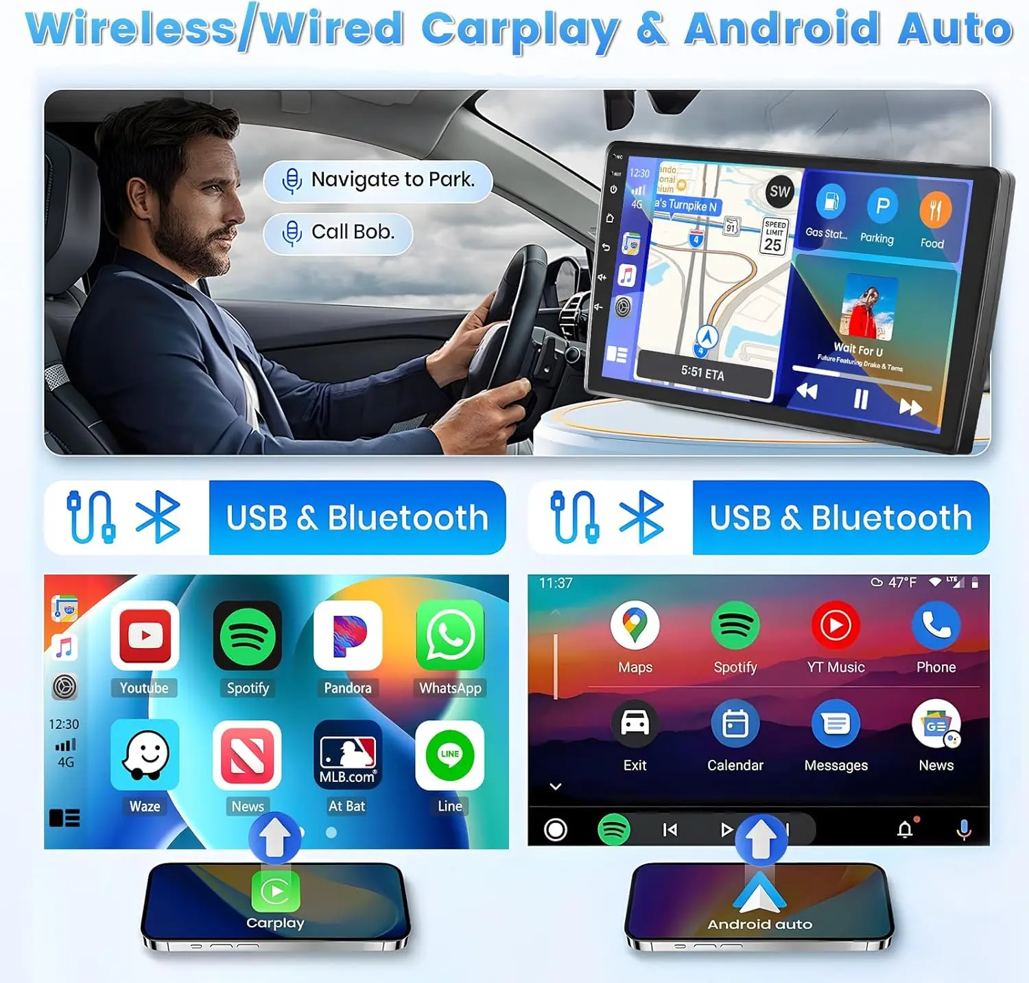 New 9 Inch Android 15 Double Din Car Stereo 2GB+64GB Touch Screen Car Radio Multimedia Video Player for Toyota Corolla EX 2005‑2012 Wireless Carplay & Android Auto GPS Navigation Support FM RDS DSP SWC WiFi Bluetooth Mirror Link Split Screen