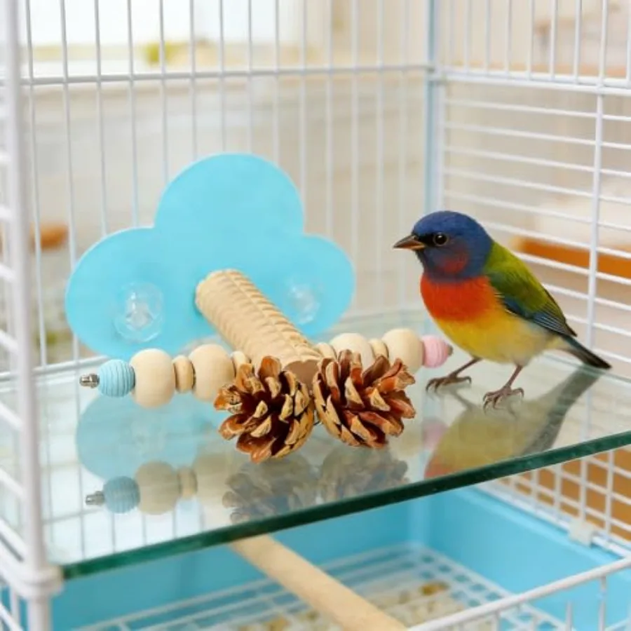 Natural wood bird perch with pine cone foraging chew toys interactive platform stand beak exercise toy for cockatiels, parakeet