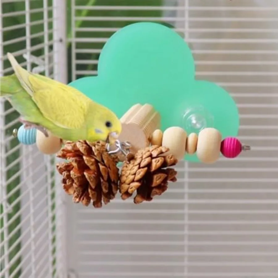 Natural wood bird perch with pine cone foraging chew toys interactive platform stand beak exercise toy for cockatiels, parakeet