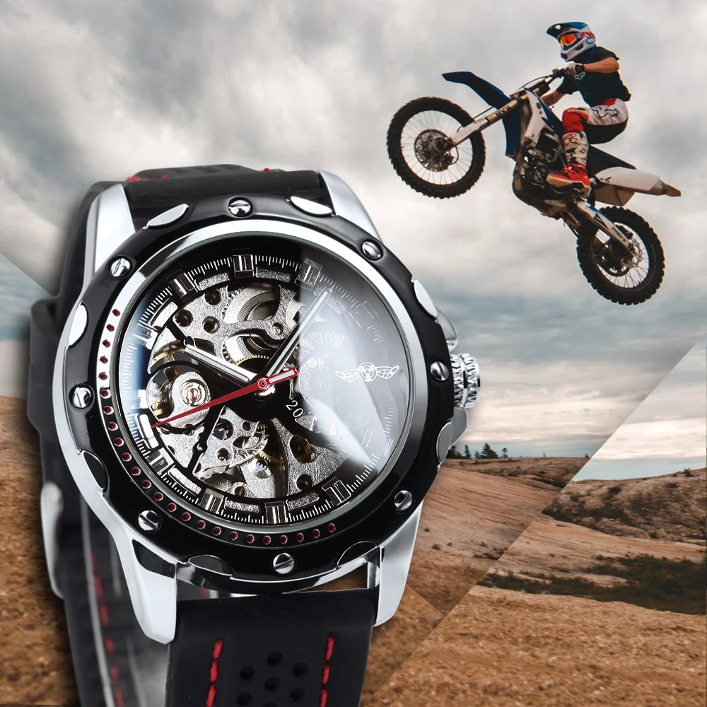 WINNER Business Watch for Men Fashion Skeleton Automatic Mechanical Watches Top Brand Luxury Rubber Strap Classic Sports Mens Wristwatches