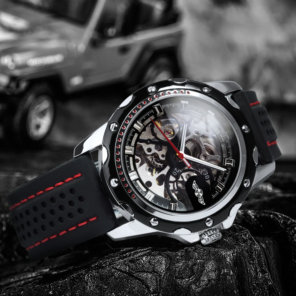 WINNER Business Watch for Men Fashion Skeleton Automatic Mechanical Watches Top Brand Luxury Rubber Strap Classic Sports Mens Wristwatches