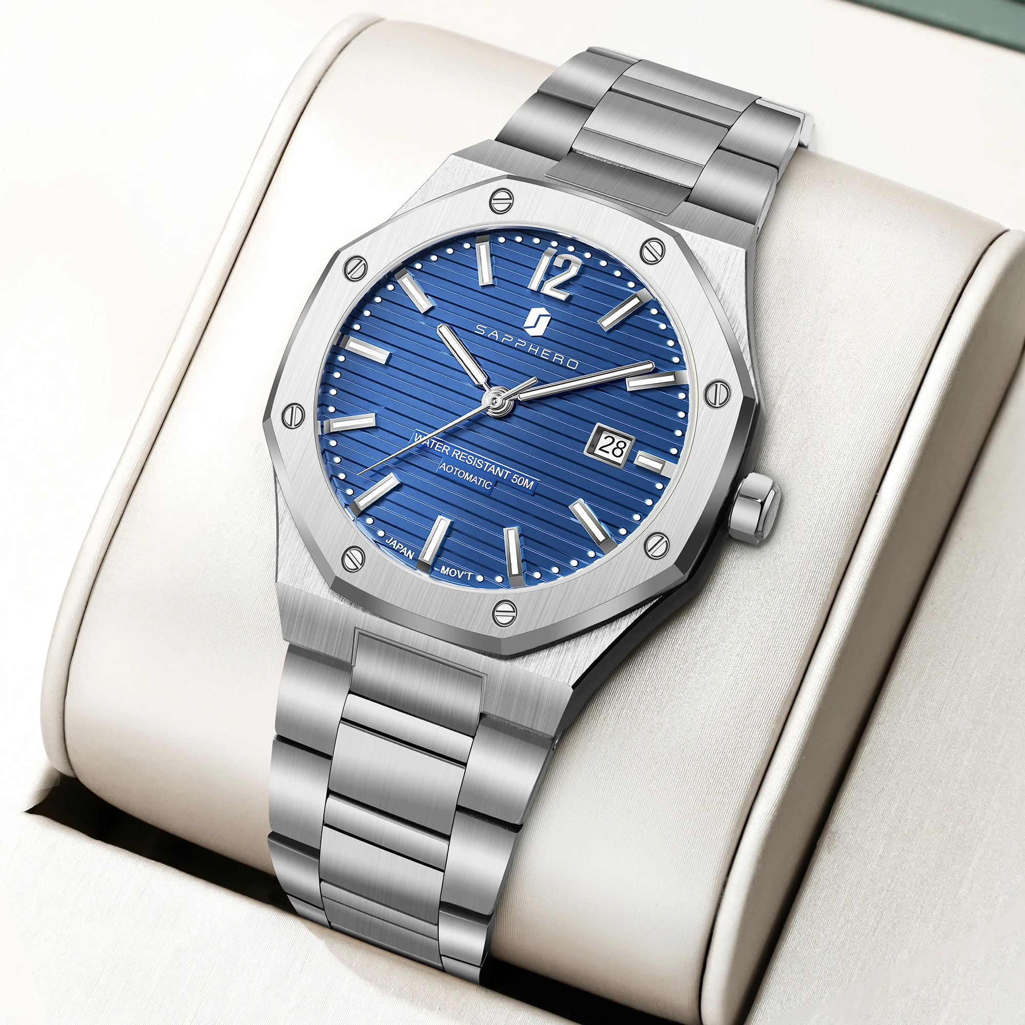 SAPPHERO Men's Automatic Watch Stainless Steel Luxury Sport Wristwatch 50M Waterproof Date Display Business Casual Elegant Durable Mechanical Watch for Men Daily Wear Office Travel Gift