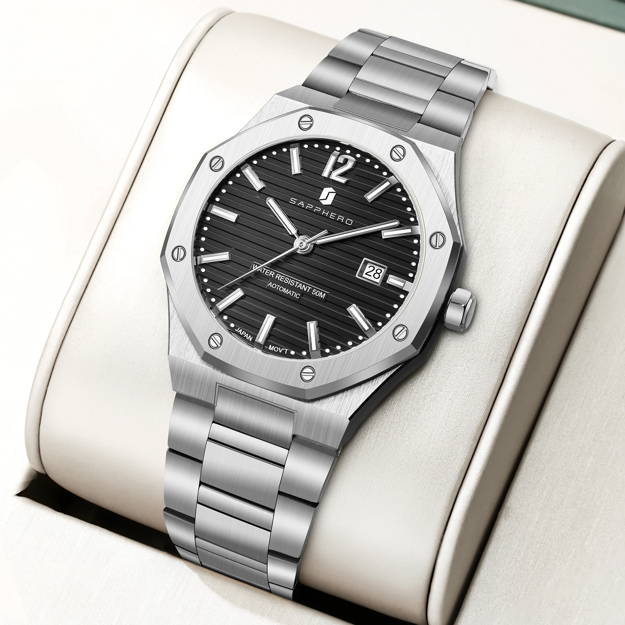 SAPPHERO Men's Automatic Watch Stainless Steel Luxury Sport Wristwatch 50M Waterproof Date Display Business Casual Elegant Durable Mechanical Watch for Men Daily Wear Office Travel Gift