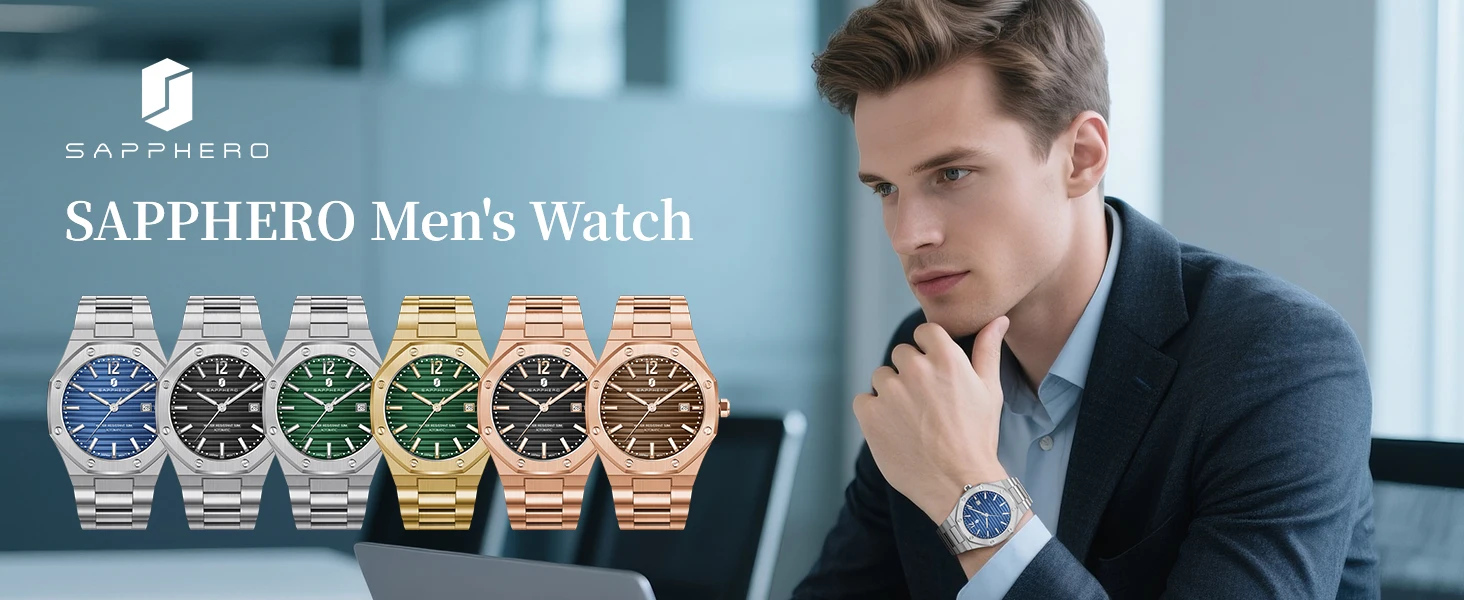 SAPPHERO Men's Automatic Watch Stainless Steel Luxury Sport Wristwatch 50M Waterproof Date Display Business Casual Elegant Durable Mechanical Watch for Men Daily Wear Office Travel Gift