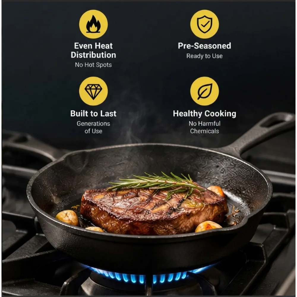 3-Piece Cast Iron Skillet Set, 6,8,10 Inch Frying Pans, Pre-Seasoned Cookware for Stovetop Oven Grill Camping Kitchen