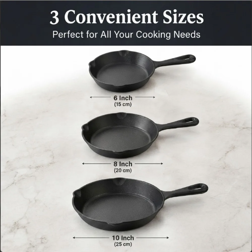 3-Piece Cast Iron Skillet Set, 6,8,10 Inch Frying Pans, Pre-Seasoned Cookware for Stovetop Oven Grill Camping Kitchen
