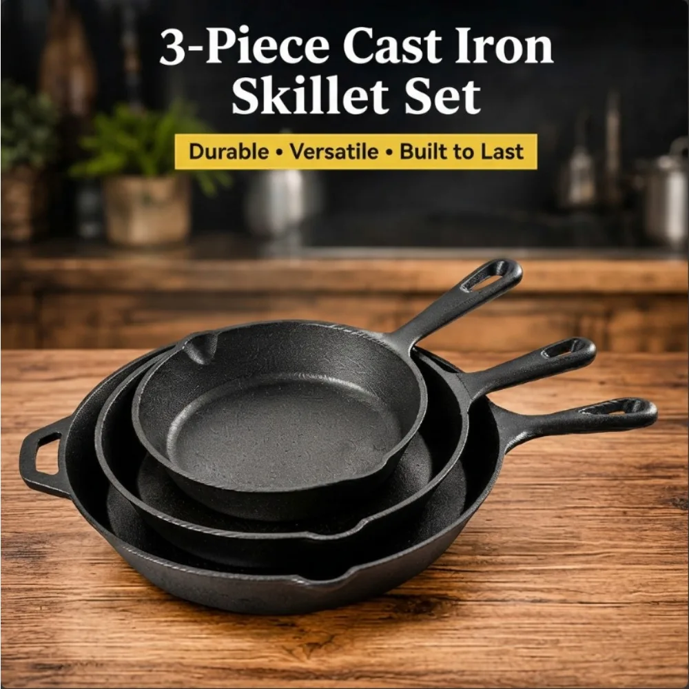 3-Piece Cast Iron Skillet Set, 6,8,10 Inch Frying Pans, Pre-Seasoned Cookware for Stovetop Oven Grill Camping Kitchen