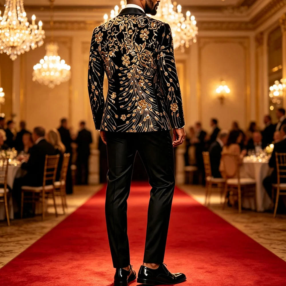 Men Black Velvet Blazer Gold Floral Embroidery Shawl Lapel Slim Fit Jacket Wedding Groom Tuxedo For Party Prom