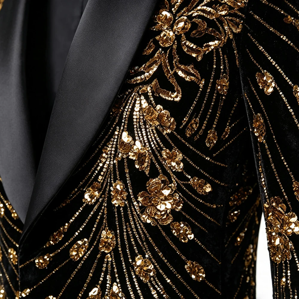 Men Black Velvet Blazer Gold Floral Embroidery Shawl Lapel Slim Fit Jacket Wedding Groom Tuxedo For Party Prom