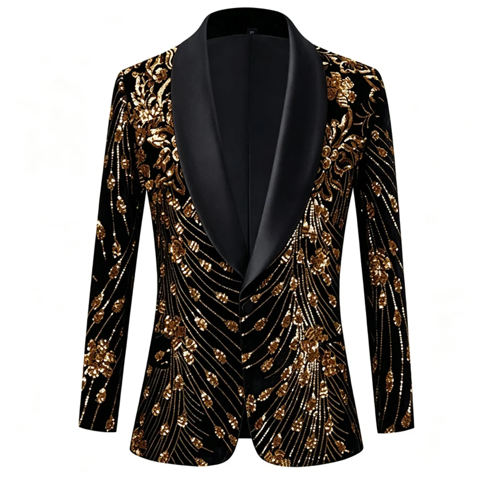 Men Black Velvet Blazer Gold Floral Embroidery Shawl Lapel Slim Fit Jacket Wedding Groom Tuxedo For Party Prom