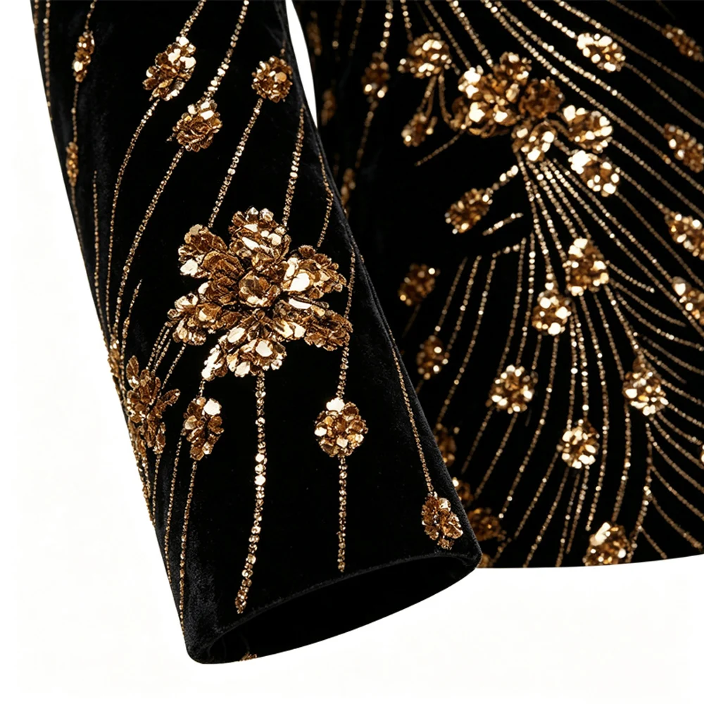 Men Black Velvet Blazer Gold Floral Embroidery Shawl Lapel Slim Fit Jacket Wedding Groom Tuxedo For Party Prom