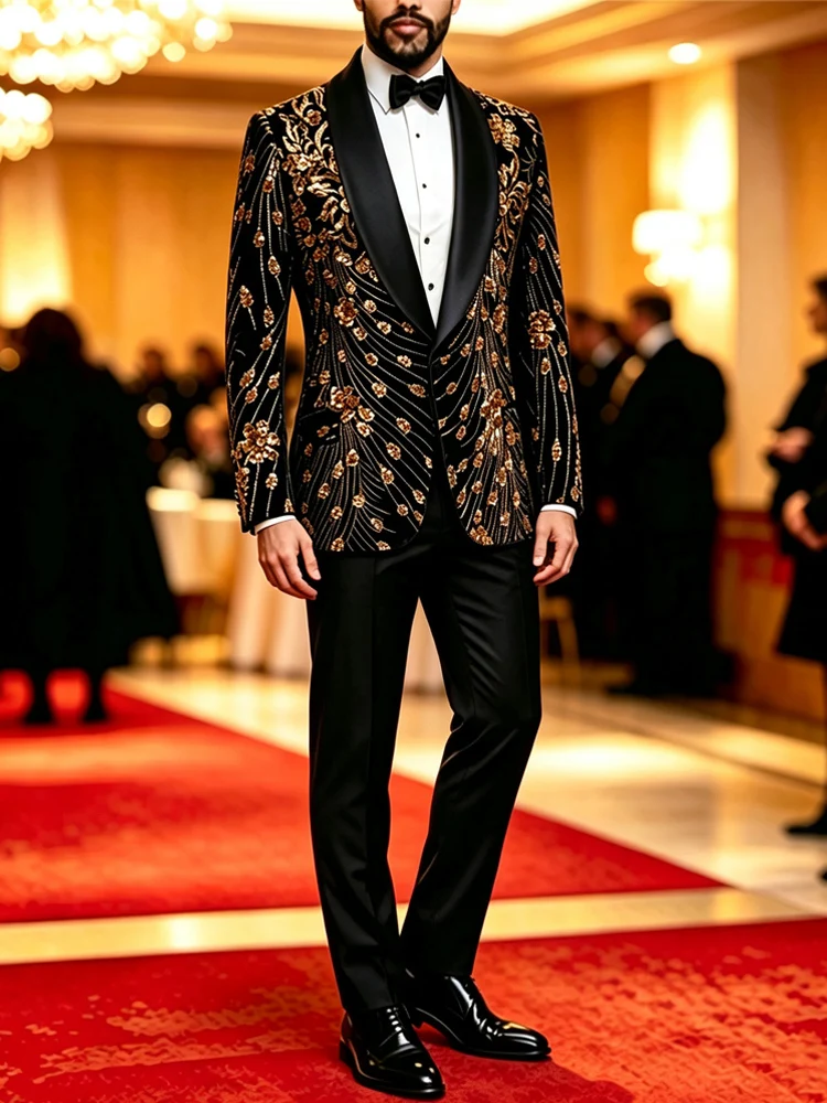 Men Black Velvet Blazer Gold Floral Embroidery Shawl Lapel Slim Fit Jacket Wedding Groom Tuxedo For Party Prom