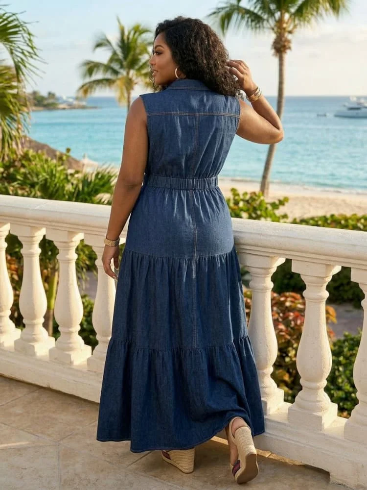 Plus Size Collared Sleeveless Button Tiered Maxi Dress For Women Daily Vacation Outdoor Casual Long Dress