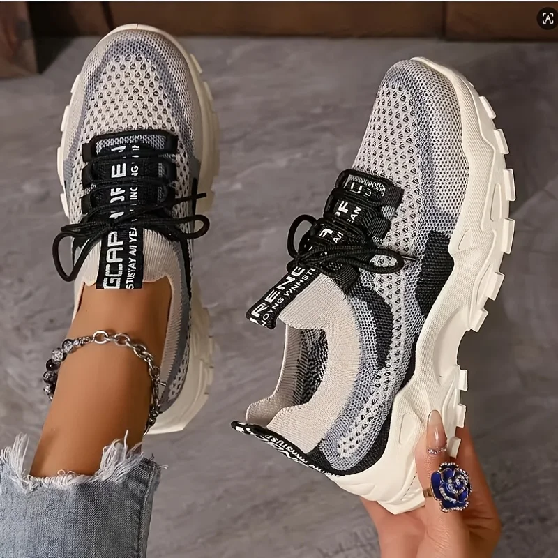 Ladies Breathable Mesh Patchwork Chunky Dad Sneakers Lace Up Height Increasing Platform Walking Shoes Non Slip Soft Thick Sole Casual Sport Trainers Multicolor Plus Size 35-44 For Daily Shopping Gym Outdoor Street All Season Footwear