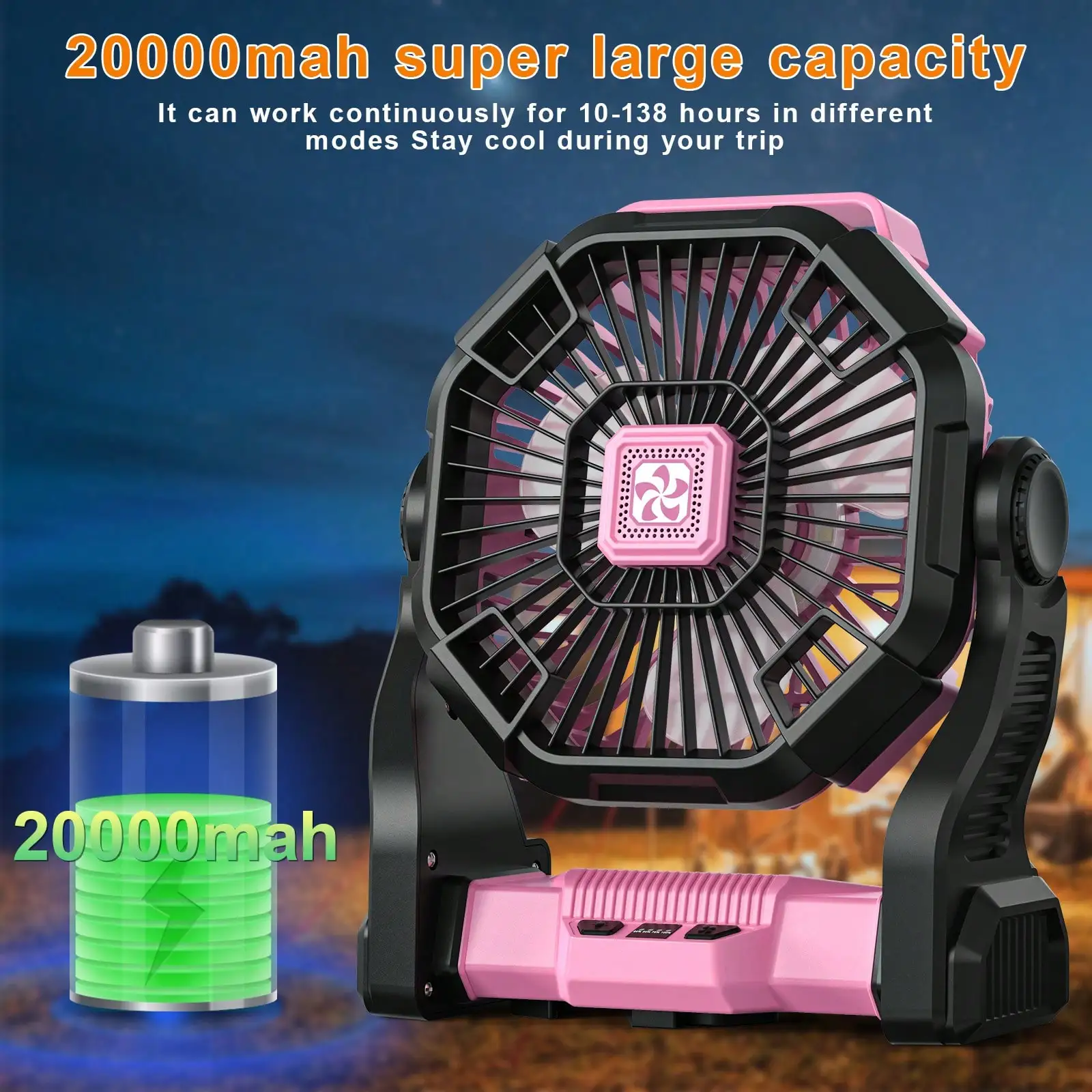 MystyMyth Cold Air Battery Powered Fan With LED Lantern, Dual Motor Camping Fan, 4-Speed Adjustable Desktop Fan With Hook, Portable Outdoor Fan, Suitable For Tents, Power Outages, And Construction Sites SE25090491331941607