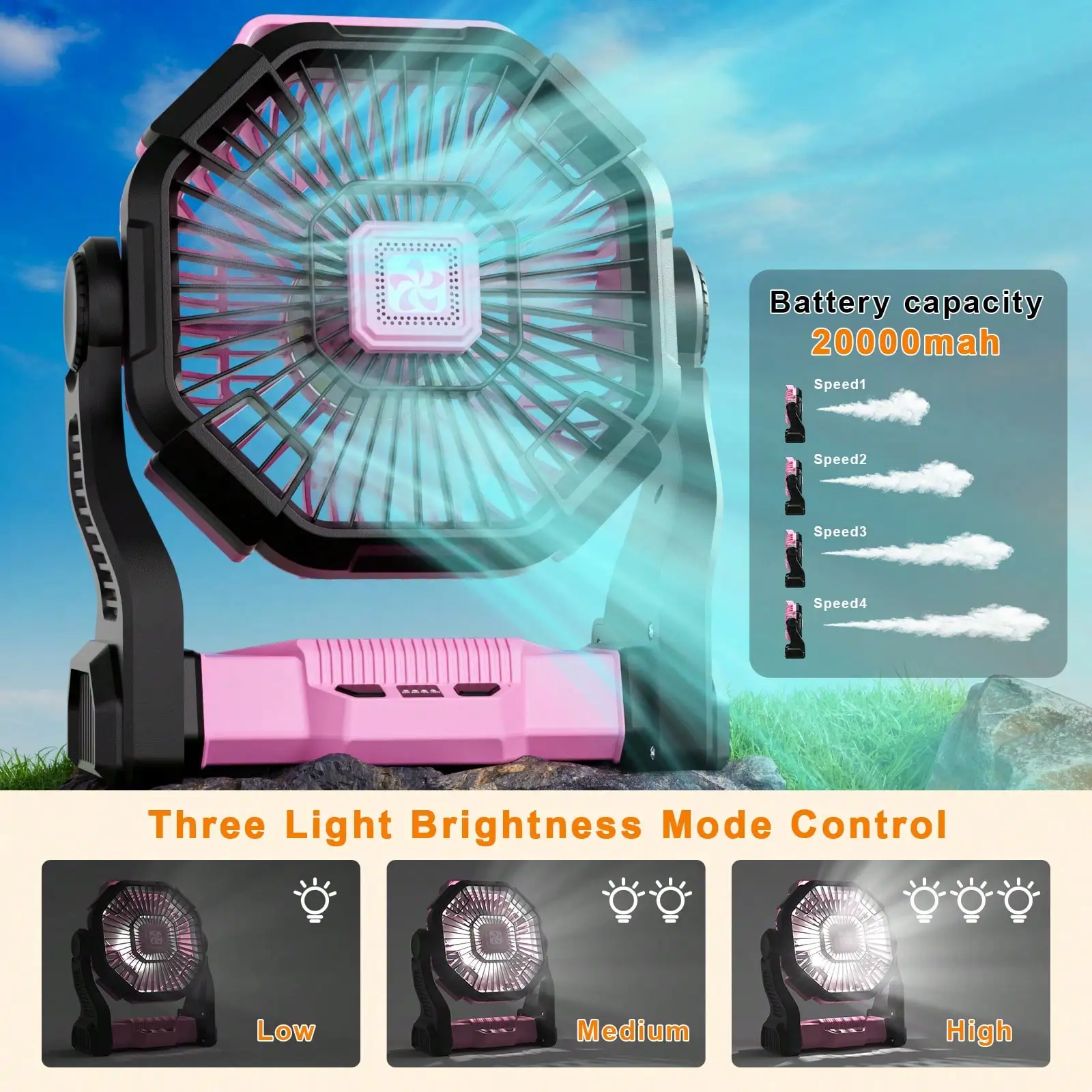 MystyMyth Cold Air Battery Powered Fan With LED Lantern, Dual Motor Camping Fan, 4-Speed Adjustable Desktop Fan With Hook, Portable Outdoor Fan, Suitable For Tents, Power Outages, And Construction Sites SE25090491331941607