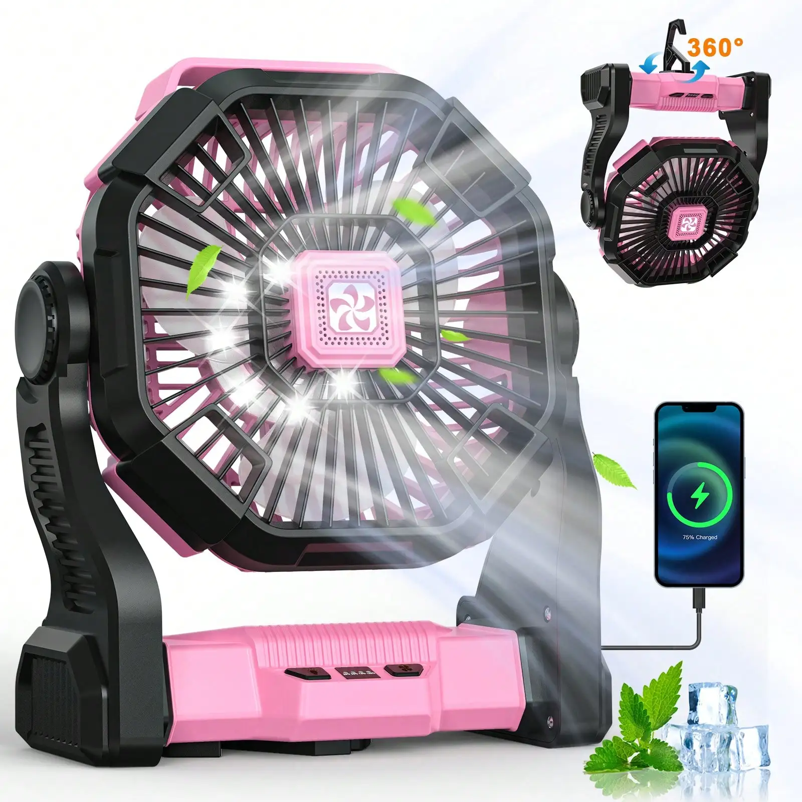 MystyMyth Cold Air Battery Powered Fan With LED Lantern, Dual Motor Camping Fan, 4-Speed Adjustable Desktop Fan With Hook, Portable Outdoor Fan, Suitable For Tents, Power Outages, And Construction Sites SE25090491331941607