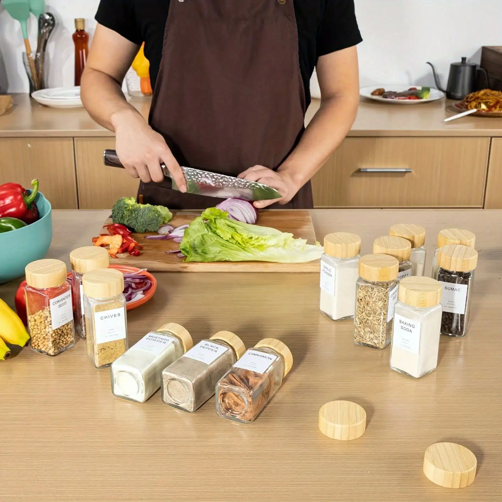 12 Compact Bamboo Seasoning Storage Boxes, Suitable For Countertops And Kitchen Drawers, Filled With Spices.
