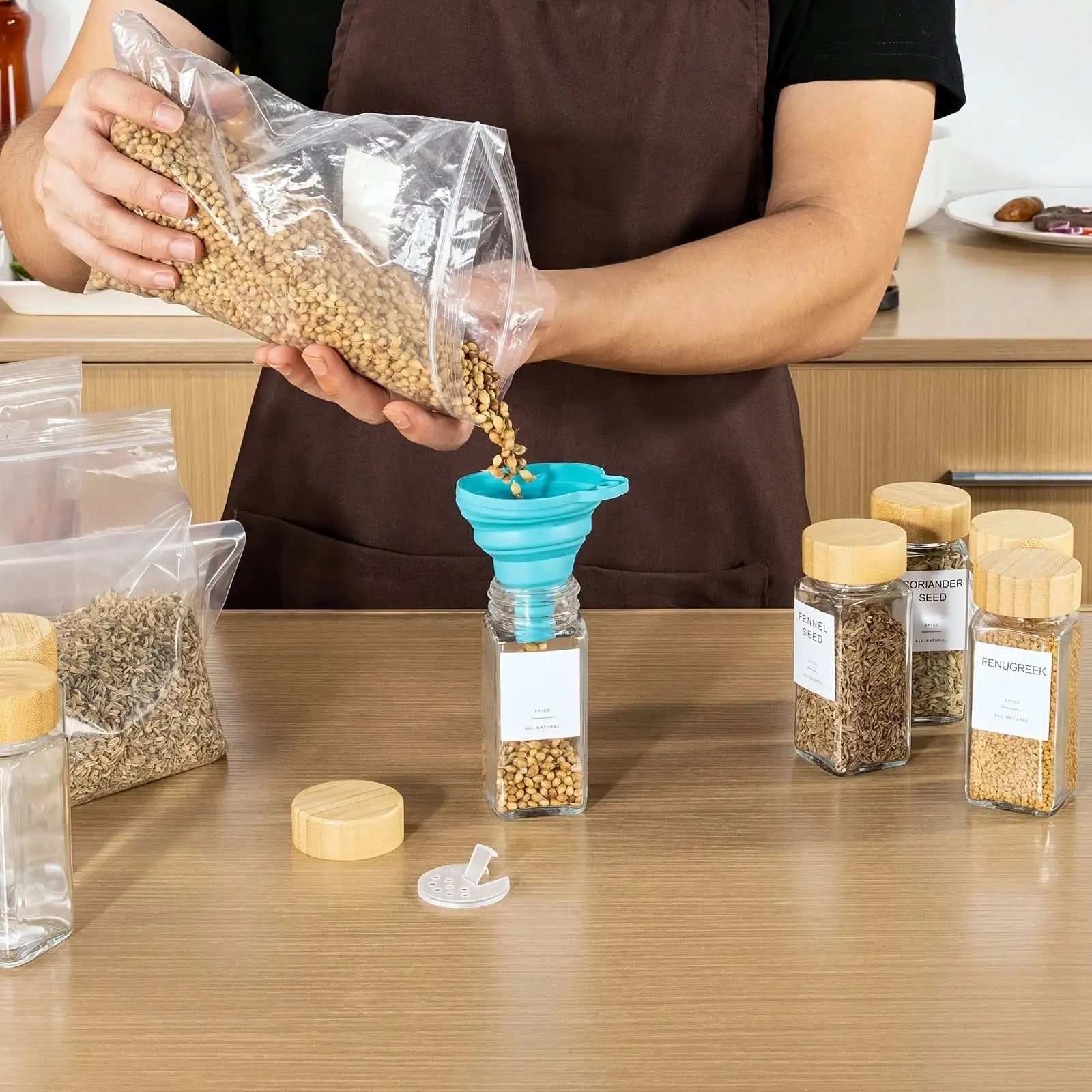 12 Compact Bamboo Seasoning Storage Boxes, Suitable For Countertops And Kitchen Drawers, Filled With Spices.