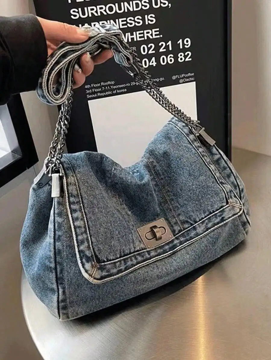 Fashion Classic Joker Solid Color Retro Wash Jeans Material Shoulder Bag with Metal Chain Quilted Embroidery Thread Large-Capacity for Shopping And Outings